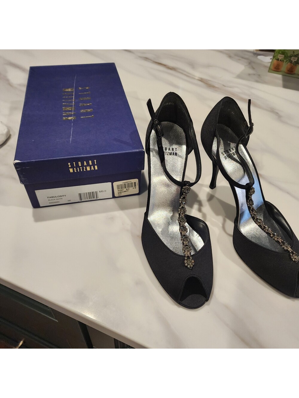 New Stuart Weitzman Fabulosity Black Satin Crystal T-Strap Heels Size 9